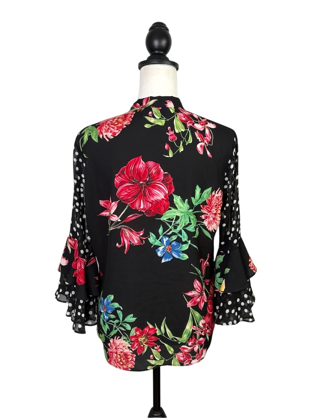 Joseph Ribkoff Mixed Media Floral Polka Dot Ruffle Tie Neck Blouse Size 8 - Picture 6 of 14